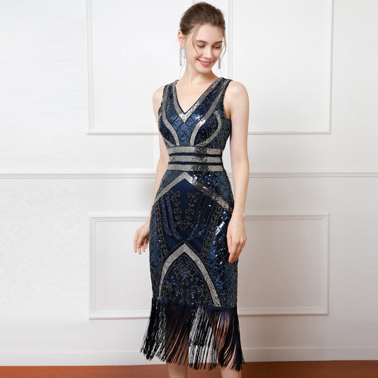 Sexy Sequined Deep V-neck Party Host Performance Wear Cocktail Party Sleeveless Mesh Dress